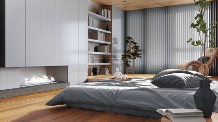 Foto de Modern wooden bedroom in white and gray tones. Bed with pillows and fireplace. Bookshelf and parquet floor. Minimalist japandi interior design - Imagen libre de derechos