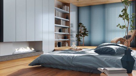 Foto de Modern wooden bedroom in white and blue tones. Bed with pillows and fireplace. Bookshelf and parquet floor. Minimalist japandi interior design - Imagen libre de derechos