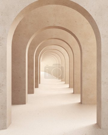 Photo for Classic metaphysics surreal interior design, imaginary fictional architecture. Archway with beige marble walls. Move forward, opportunities, business, future concept - Royalty Free Image