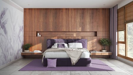 Photo for Modern bedroom with wooden headboard in white and purple tones. Velvet bed, bedding, pillows and carpet. Minimalist interior design - Royalty Free Image