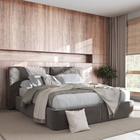 Foto de Cozy bedroom close up. Bleached wooden headboard in white and beige tones. Velvet bed, bedding, pillows and carpet. Contemporary minimalist interior design - Imagen libre de derechos