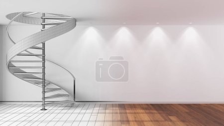 Téléchargez les photos : Architect interior designer concept: hand-drawn draft unfinished project that becomes real, spiral staircase in modern hallways. Parquet floor and spotlights - en image libre de droit