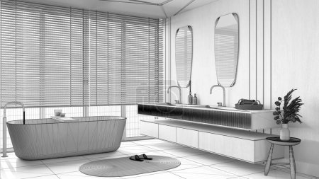 Foto de Blueprint unfinished project draft, minimalist wooden bathroom. Freestanding bathtub and washbasin with mirror. Marble tiles floor. Japandi interior design - Imagen libre de derechos