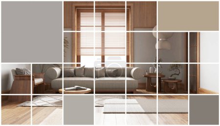 Geometrische quadratische Mosaik-Grafik-Effekt mit Kopierfläche für Text, Präsentationsvorlage, Attrappe Idee, minimalistisches Holz japandi Wohnzimmer, Konzept Innenarchitektur