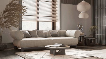 Foto de Salón japonés con paredes de madera oscura en tonos blancos y beige. Suelo de parquet, sofá de tela, alfombras y decoraciones. Diseño interior moderno mínimo - Imagen libre de derechos