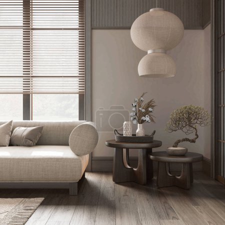 Téléchargez les photos : Salon japonais avec des murs en bois foncé dans des tons blancs et beiges. Parquet, canapé en tissu, tapis et décors. Design intérieur minimal japandi - en image libre de droit