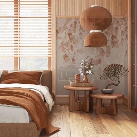 Téléchargez les photos : Chambre japonaise avec papier peint et murs en bois dans les tons orange et beige. Parquet, lit de maître, tapis et décors. Design intérieur minimal japandi - en image libre de droit