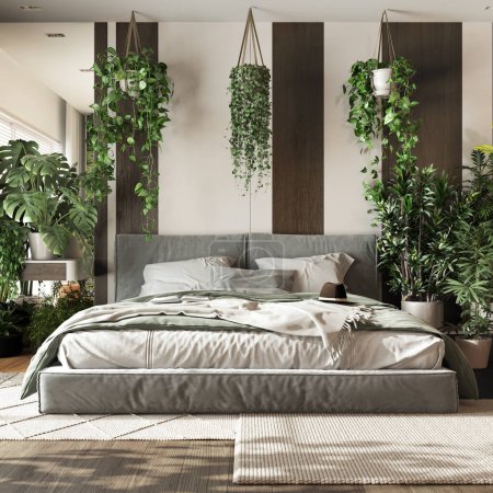 Home garden, minimal bedroom in white and dark wooden tones. Master bed, parquet floor and many houseplants. Urban jungle interior design. Biophilia concept