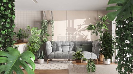 Jungle frame, biophilic concept idea interior design. Tropical leaves over modern kitchen and living room with houseplants. Cerpegia woodii and monstera deliciosa plants