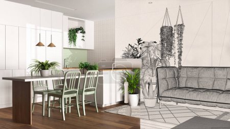 Photo for Paint roller painting interior design blueprint sketch background while the space becomes real showing living room, kitchen. Before and after concept, urban jungle interior design - Royalty Free Image
