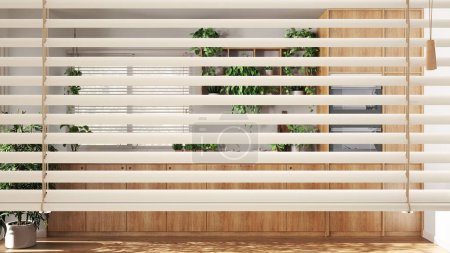 White venetian blinds close up view, over kitchen with island and chairs, cabinets and appliances, urban jungle, interior design, privacy concept