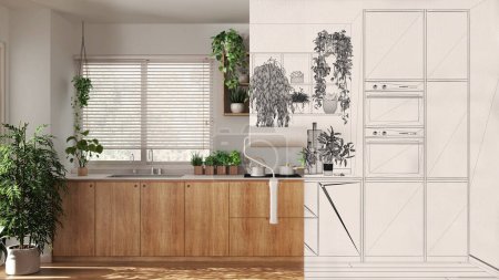 Photo for Paint roller painting interior design blueprint sketch background while the space becomes real showing kitchen. Before and after concept, urban jungle interior design - Royalty Free Image