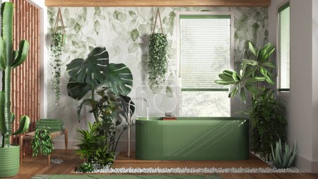 Modern wooden bathroom in white and green tones with freestanding bathtub. Biophilic concept, many houseplants. Urban jungle interior design
