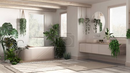 Modern bleached wooden bathroom in white and beige tones with bathtub and washbasin. Parquet and carpets. Biophilic concept, many houseplants. Urban jungle interior design