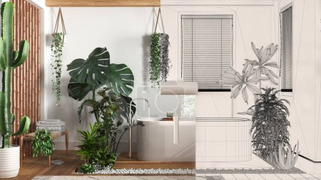 Photo for Paint roller painting interior design blueprint sketch background while the space becomes real showing bathroom with houseplants. Before and after concept, urban jungle design - Royalty Free Image