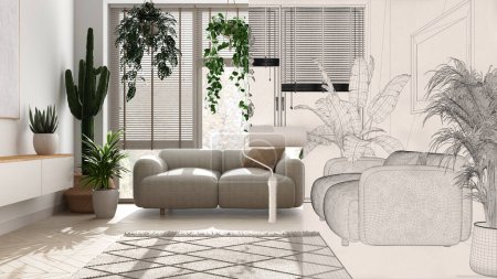 Paint roller painting interior design blueprint sketch background while the space becomes real showing minimal living room. Before and after concept, urban jungle interior design