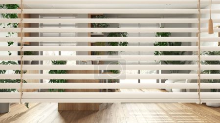 Photo for White venetian blinds close up view, over minimal wooden kitchen and living room. Parquet and many house plants, interior design, privacy concept - Royalty Free Image