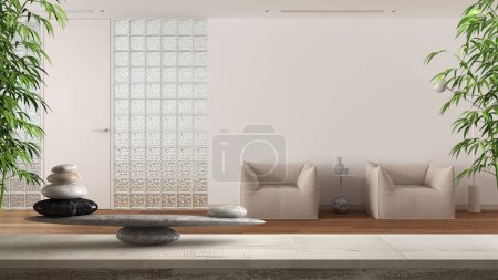 Mesa o estante vintage de madera con equilibrio de piedra y plantas de bambú, sala de estar minimalista sobre blanco, feng shui, diseño de interiores de arquitectura de concepto zen