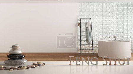 Foto de Estante de mesa blanca con balanza de guijarros y letras 3d que hacen que la palabra feng shui sobre baño mínimo con pared de ladrillo de hierba, diseño interior concepto zen - Imagen libre de derechos