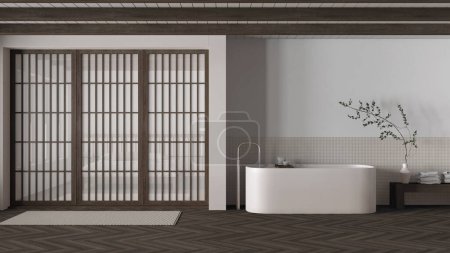 Photo for Minimal japandi bathroom in dark wooden and white tones. Paper sliding door. Freestanding bathtub, carpet, mosaic tiles and herringbone parquet. Modern interior design - Royalty Free Image