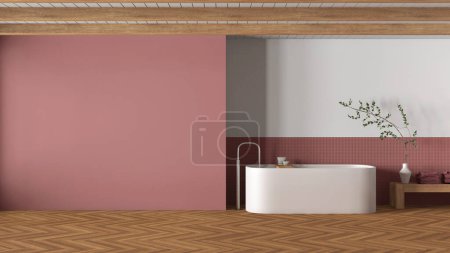Photo for Minimal japandi bathroom in wooden and red tones. Mockup with copy space. Freestanding bathtub, carpet, mosaic tiles and herringbone parquet. Modern interior design - Royalty Free Image