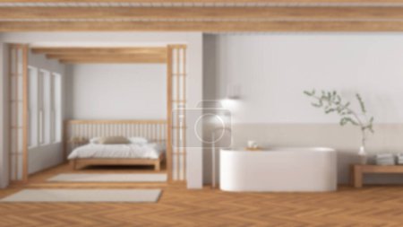 Photo for Blurred background, japandi bathroom and bedroom. Freestanding bathtub, master bed with duvet and herringbone parquet floor. Minimal interior design - Royalty Free Image