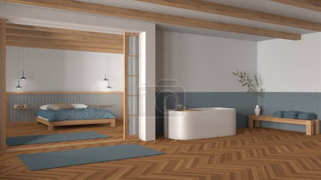 Photo for Japandi bathroom and bedroom in wooden and blue tones. Freestanding bathtub, master bed with duvet and herringbone parquet floor. Minimal interior design - Royalty Free Image