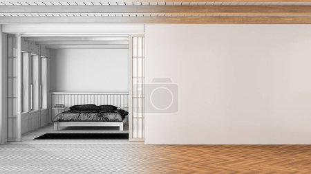 Photo for Architect interior designer concept: hand-drawn draft unfinished project that becomes real, japandi bedroom. Bed with pillows and parquet. Mockup with copy space. Japandi style - Royalty Free Image
