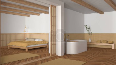 Photo for Japandi bathroom and bedroom in wooden and yellow tones. Freestanding bathtub, master bed with duvet and herringbone parquet floor. Minimal interior design - Royalty Free Image
