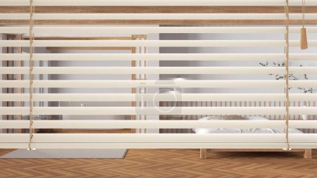Photo for White venetian blinds close up view, over minimal wooden bedroom and bathroom. Bed and bathtub, japandi interior design, privacy concept - Royalty Free Image