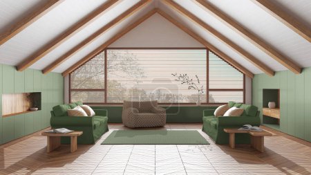 Photo for Penthouse interior design, minimal living room with sloping wooden ceiling and big panoramic window in white and green tones. Fabric sofas and decors. Japandi scandinavian style - Royalty Free Image