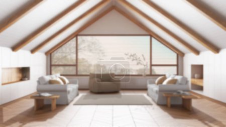 Foto de Fondo borroso, diseño interior ático, sala de estar mínima con techo de madera inclinada y gran ventana panorámica. Sofás de tela y decoraciones. Japonés estilo escandinavo - Imagen libre de derechos