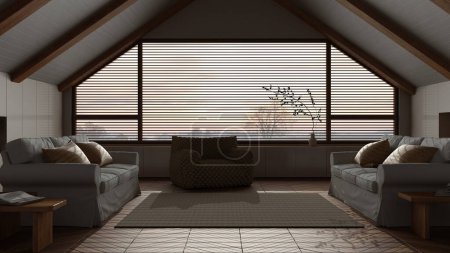 Photo for Dark late evening scene, penthouse interior design, minimal living room with sofas. Sloping wooden ceiling and panoramic window. Sofas and decors. Japandi scandinavian style - Royalty Free Image