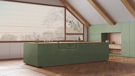 Photo for Attic interior design, minimal wooden kitchen with sloping ceiling and panoramic window in white and green tones. Island and appliances. Japandi scandinavian style - Royalty Free Image