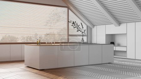 Photo for Architect interior designer concept: hand-drawn draft unfinished project that becomes real, wooden kitchen with sloping ceiling and panoramic window. Japandi scandinavian style - Royalty Free Image
