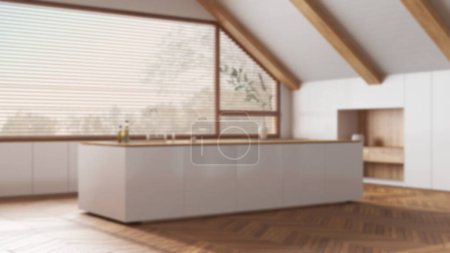 Foto de Fondo borroso, diseño interior ático, cocina de madera minimalista con techo inclinado y ventana panorámica. Isla y electrodomésticos. Japonés estilo escandinavo - Imagen libre de derechos