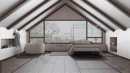 Photo for Penthouse interior design, minimal bedroom and bathroom with sloping dark wooden ceiling and big panoramic window in white tones. Japandi scandinavian style - Royalty Free Image