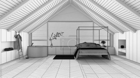 Photo for Blueprint unfinished project draft, penthouse interior design, minimal bedroom and bathroom with sloping wooden ceiling and big panoramic window. Japandi scandinavian style - Royalty Free Image