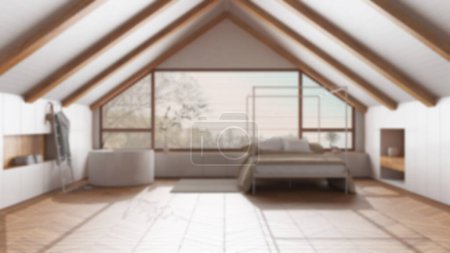Foto de Fondo borroso, ático de diseño interior, dormitorio y baño mínimos con techo de madera inclinada y gran ventana panorámica. Japonés estilo escandinavo - Imagen libre de derechos