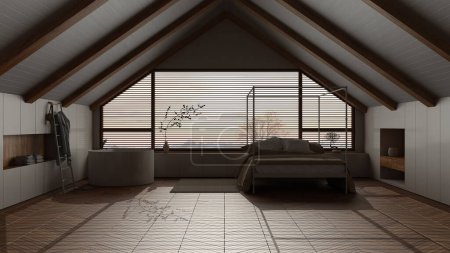 Photo for Dark late evening scene, penthouse interior design, minimal bedroom and bathroom with sloping wooden ceiling and big panoramic window. Japandi scandinavian style - Royalty Free Image