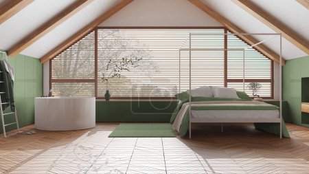 Photo for Penthouse interior design, minimal bedroom and bathroom in green and white tones. Sloping wooden ceiling and panoramic window. Japandi scandinavian style - Royalty Free Image