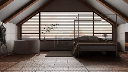 Photo for Dark late evening scene, penthouse interior design, minimal bedroom and bathroom. Sloping wooden ceiling and panoramic window. Japandi scandinavian style - Royalty Free Image