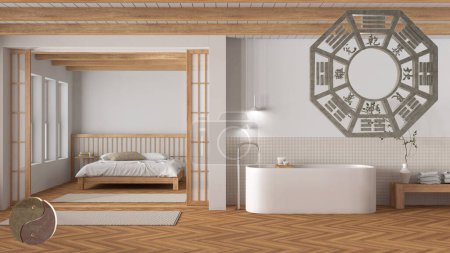 Foto de Proyecto de diseño de interiores con consultoría feng shui, baño moderno japandi y dormitorio con símbolo bagua y tao, polaridad yin y yang, fondo concepto monograma - Imagen libre de derechos