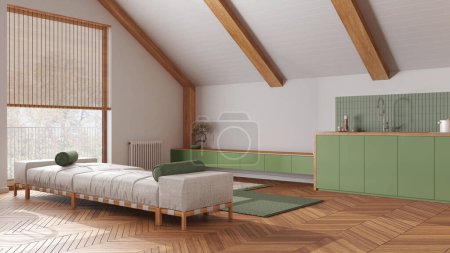 Photo for Japandi wooden living room and kitchen with sloping ceiling and parquet in white and green tones. Fabric sofa and cabinets. Japandi scandinavian style, attic interior design - Royalty Free Image
