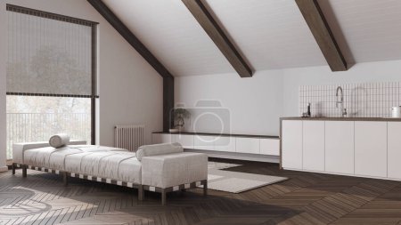 Photo for Japandi dark wooden living room and kitchen with sloping ceiling and parquet in white tones. Fabric sofa and cabinets. Japandi scandinavian style, attic interior design - Royalty Free Image