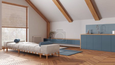 Photo for Japandi wooden living room and kitchen with sloping ceiling and parquet in white and blue tones. Fabric sofa and cabinets. Japandi scandinavian style, attic interior design - Royalty Free Image