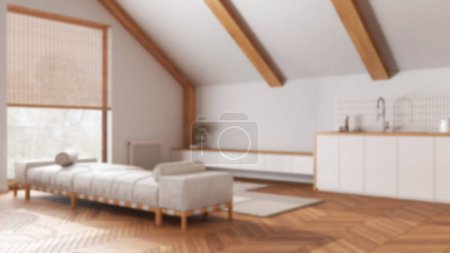 Foto de Fondo borroso, sala de estar de madera japandi y cocina con techo inclinado y parquet. Sofá y armarios de tela. Japonés estilo escandinavo, ático de diseño de interiores - Imagen libre de derechos