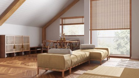 Photo for Minimal wooden living room with fabric sofa and decors in white and yellow tones. Sloping ceiling and panoramic windows. Japandi scandinavian style, attic interior design - Royalty Free Image