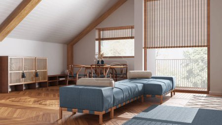 Photo for Minimal wooden living room with fabric sofa and decors in white and blue tones. Sloping ceiling and panoramic windows. Japandi scandinavian style, attic interior design - Royalty Free Image