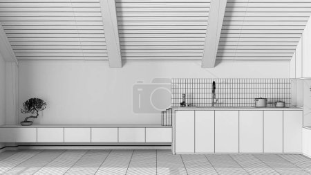 Photo for Blueprint unfinished project draft, minimal wooden kitchen with sloping ceiling and herringbone parquet. Cabinets and appliances. Japandi scandinavian style, attic interior design - Royalty Free Image